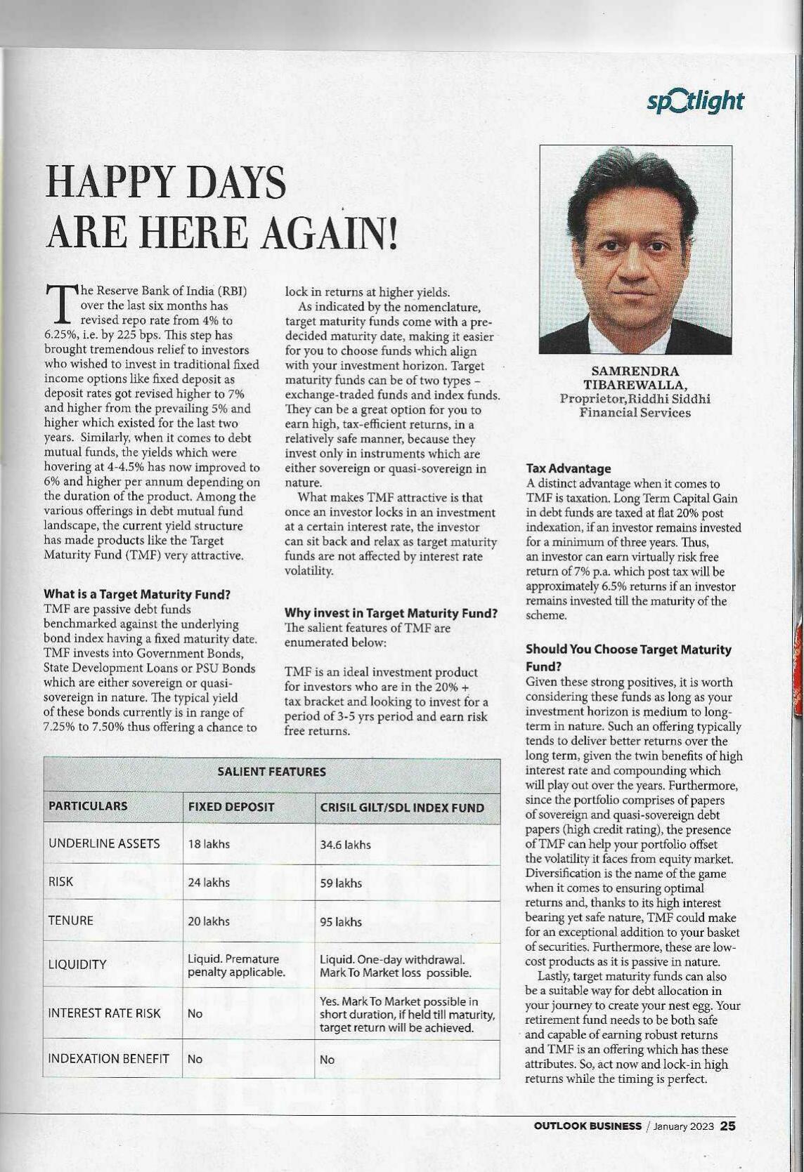 Outlook Business Spotlight article: Happy Days Are Here Again, on Target Maturity Funds