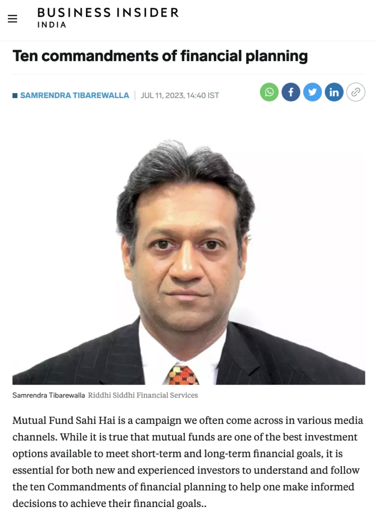 Business Insider India article: Ten Commandments of Personal Financial Planning