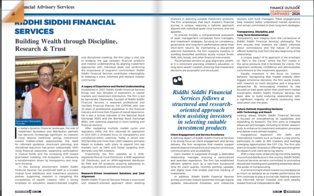 Finance Outlook India feature on Riddhi Siddhi Financial Services, Top Mutual Fund Advisor Companies 2026